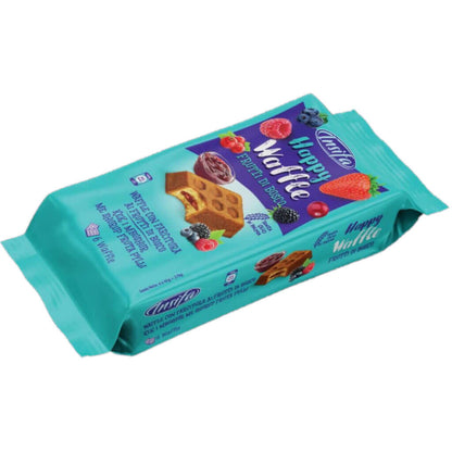 Insifa Happy Waffle snack bars with mixed berry syrup filling, featuring soft waffle layers and vibrant turquoise packaging with berry graphics.