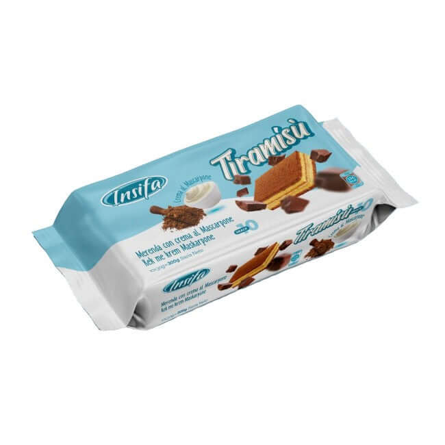 Insifa Tiramisu snack bars with layers of soft sponge cake, mascarpone cream, and cocoa topping, 10 individually wrapped treats in light blue packaging.