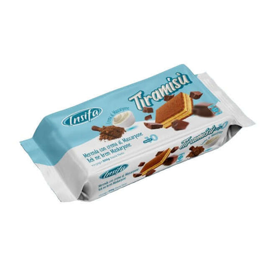 Insifa Tiramisu snack bars with layers of soft sponge cake, mascarpone cream, and cocoa topping, 10 individually wrapped treats in light blue packaging.