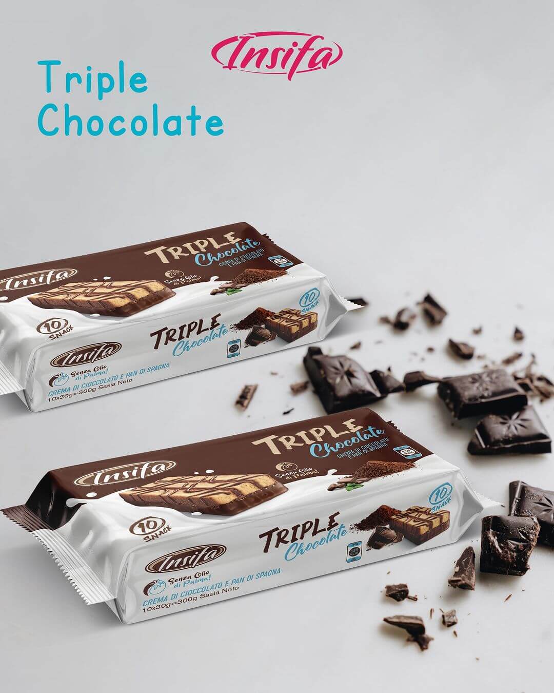 Triple Chocolate snack bars with moist chocolate sponge cake, creamy chocolate filling, and cocoa topping, in elegant packaging.