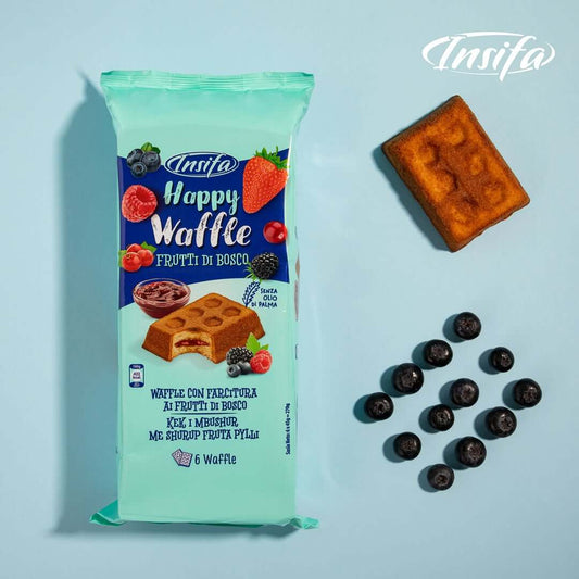 Insifa Happy Waffle snack bars with mixed berry syrup filling, featuring soft waffle layers and vibrant turquoise packaging with berry graphics.