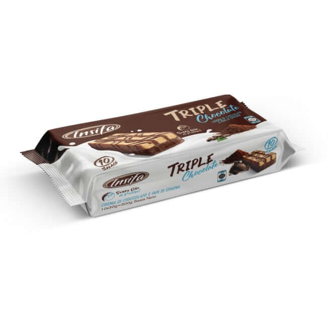 Triple Chocolate snack bars with moist chocolate sponge cake, creamy chocolate filling, and cocoa topping, in elegant packaging.