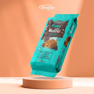 Insifa Happy Waffle snack bars with rich chocolate filling, soft waffle texture, and turquoise packaging with chocolate visuals.