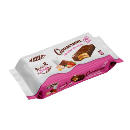 Chococream strawberry snack bars with soft sponge layers and creamy strawberry filling, individually wrapped in vibrant strawberry-themed packaging.