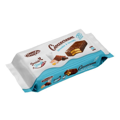 Chococream chocolate snack bars with soft sponge layers and creamy chocolate filling, individually wrapped in chocolate-themed packaging.