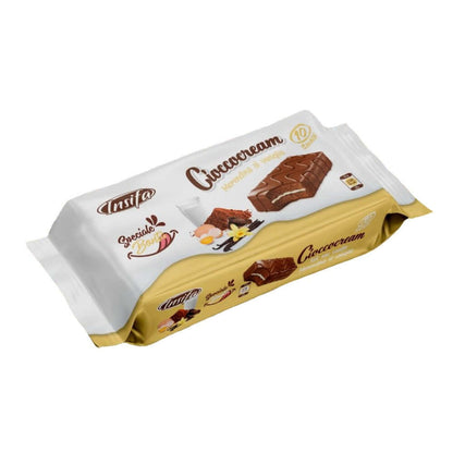 Chococream vanilla snack bars with soft sponge layers and creamy vanilla filling, individually wrapped in white and gold-themed packaging.